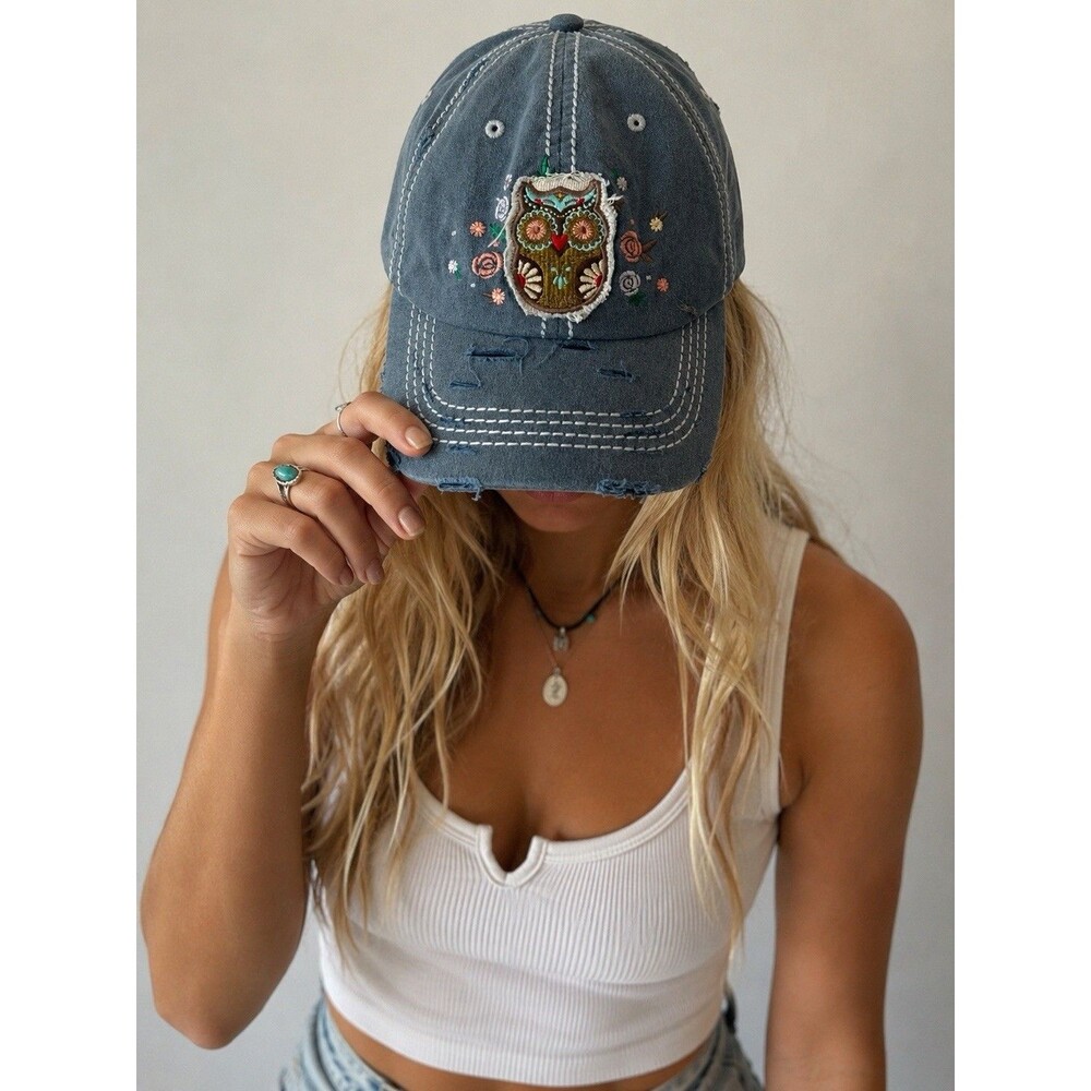 Distressed Owl Hat Embroidered Floral Blue Boho Y2K Grunge Cap Streetwear Skater